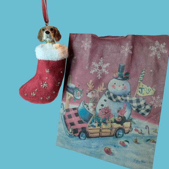 Beagle Dog Christmas Stocking Ornament Matching Gift Bag - Picture 1 of 11